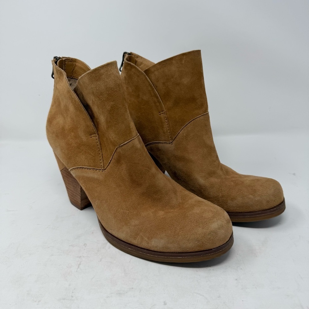Kork Ease Tan Suede Leather Side Zip Ankle Booties Block Heel Women’s US 9.5 M